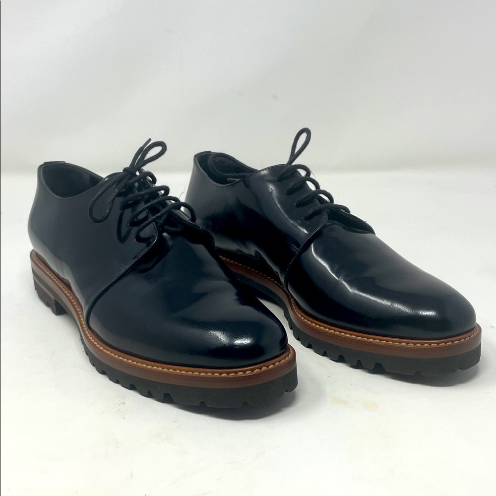 MaxMara Shiny Black Leather Lace-Up Oxford Loafers Size 37.5 Size 7 Like New